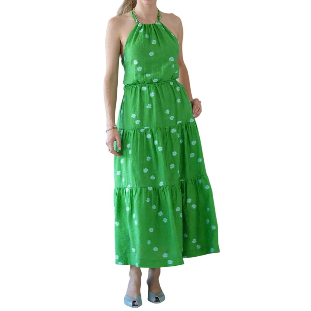 FRNCH Jeri Maxi Dress Womens Large Green Floral Halter Open Back Tiered  Boho